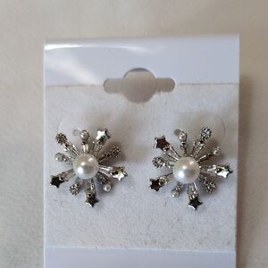 Delicate Silver Pearl And Crystal Starburst Earrings